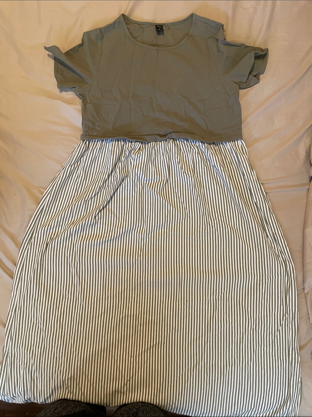 Relaxed Two-Tone A-Line Midi Skirt in Olive Green and White Stripe